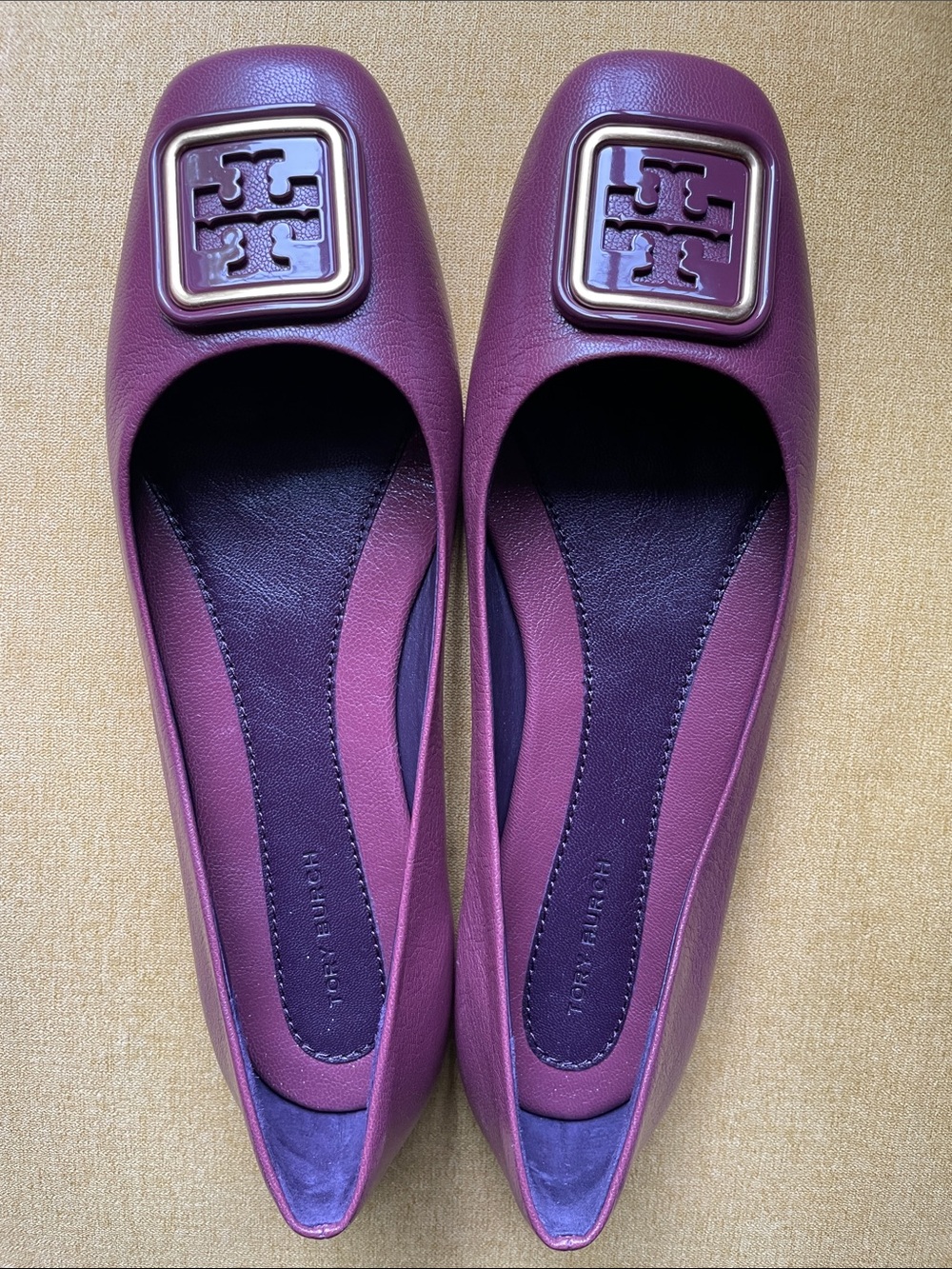 Tory Burch Eggplant Purple Leather Logo Square-Toe Ballet Flat - Picture 3 of 3